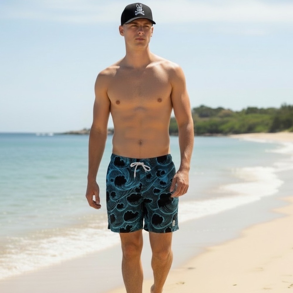 Psycho Bunny Mens Blue Black Wave Print Swim Trunks XXL 7 Inchโ Inseam